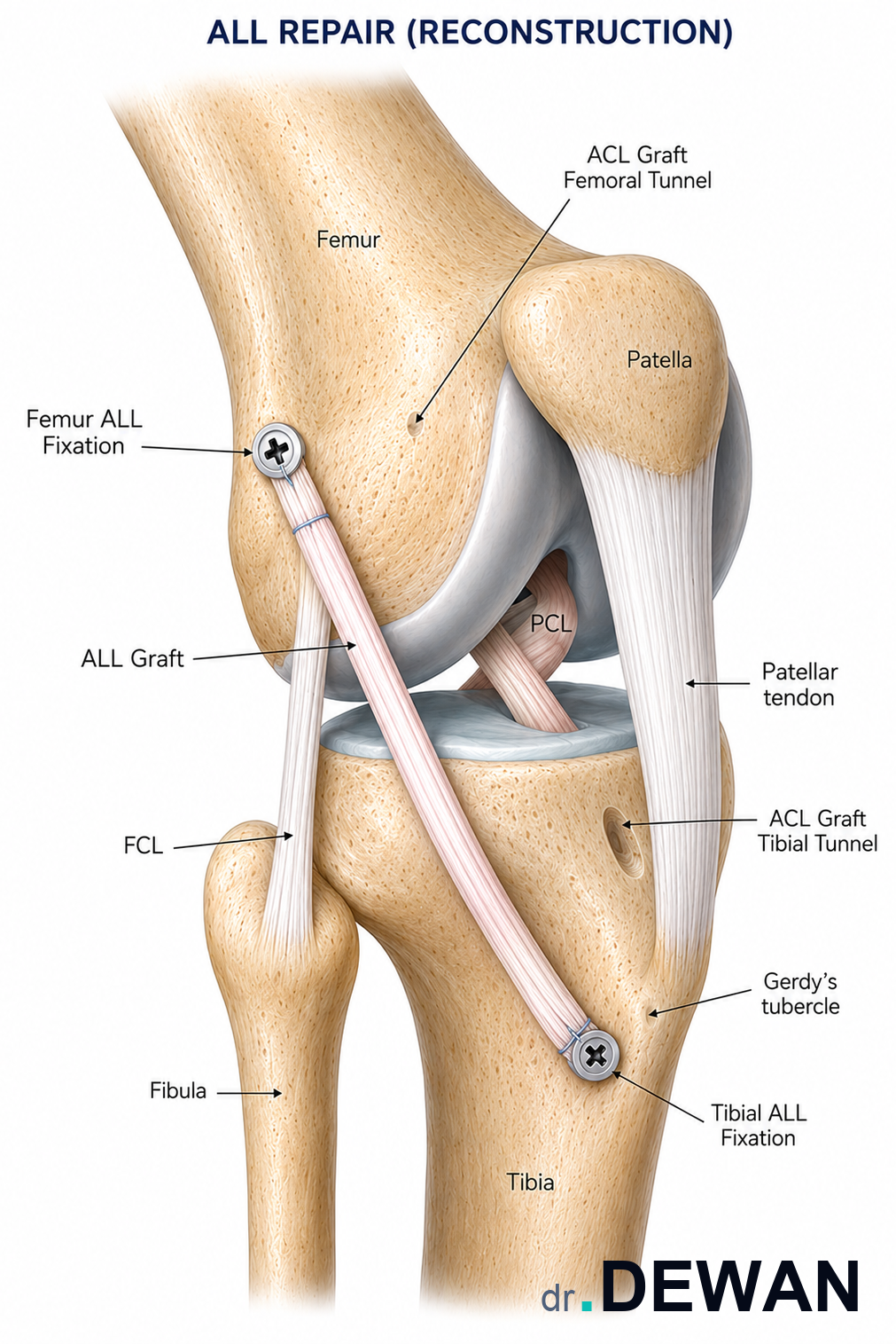 Illustration of a combined ACL and anterolateral ligament reconstruction in the right knee, showing the ACL graft passing through femoral and tibial tunnels inside the joint and the ALL graft running along the outside of the knee, fixed with screws at the lateral femur and at the tibia near Gerdy's tubercle.