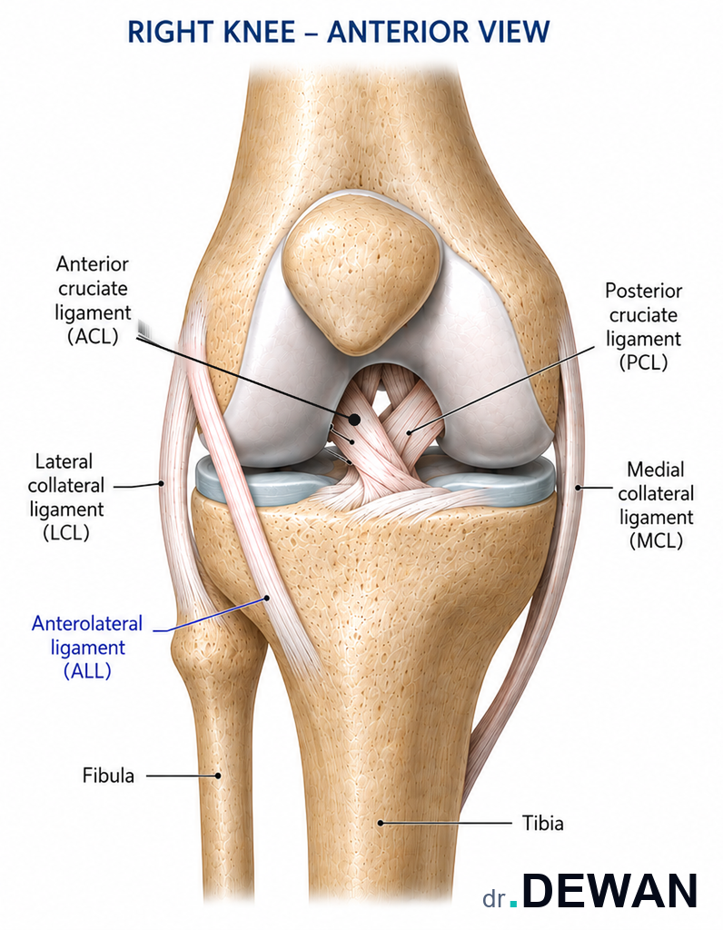 Anterior view of the right knee showing the anterior and posterior cruciate ligaments crossing inside the joint, the medial and lateral collateral ligaments on either side, and the anterolateral ligament (ALL) highlighted in blue running along the outer side of the joint.