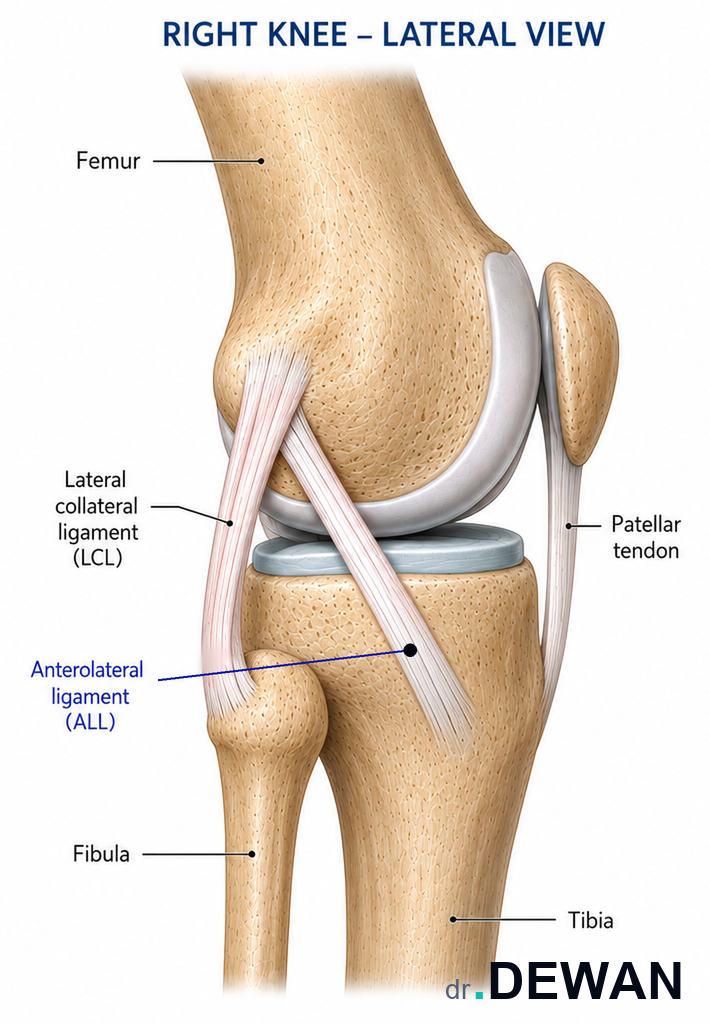 Lateral view of the right knee showing the femur and tibia with the lateral collateral ligament and the anterolateral ligament (ALL) highlighted in blue running along the outside of the joint from the lateral femur down toward the tibia.
