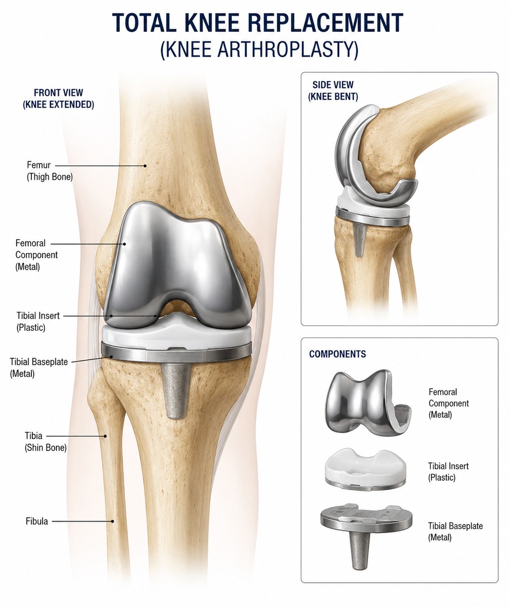 Diagram of a total knee replacement prosthesis, showing the femoral component, tibial baseplate, and polyethylene bearing surface