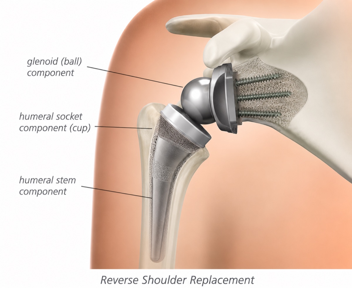 A reverse total shoulder replacement implant, with the ball fixed to the socket side of the joint and the cup on the humerus
