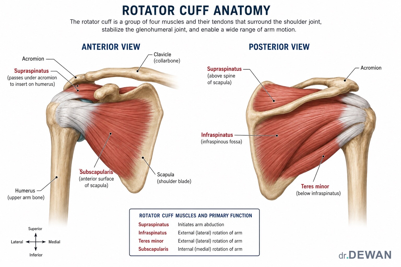 Anatomical illustration showing the four rotator cuff muscles and tendons from the front and back of the shoulder: supraspinatus, infraspinatus, teres minor and subscapularis