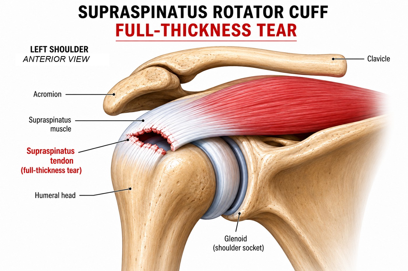 Full-thickness tear of the supraspinatus tendon of the rotator cuff, anterior view of a left shoulder showing the torn tendon edge where it meets the humeral head