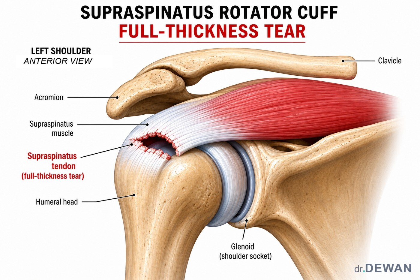 Anatomical illustration of a left shoulder showing a full-thickness tear of the supraspinatus tendon where it attaches to the humeral head